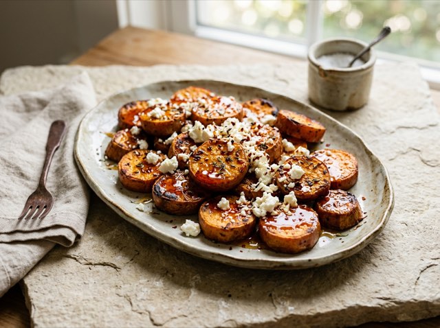 Golden roasted sweet potato rounds on a platter drizzled with chili honey and finished with crumbled white goat feta.