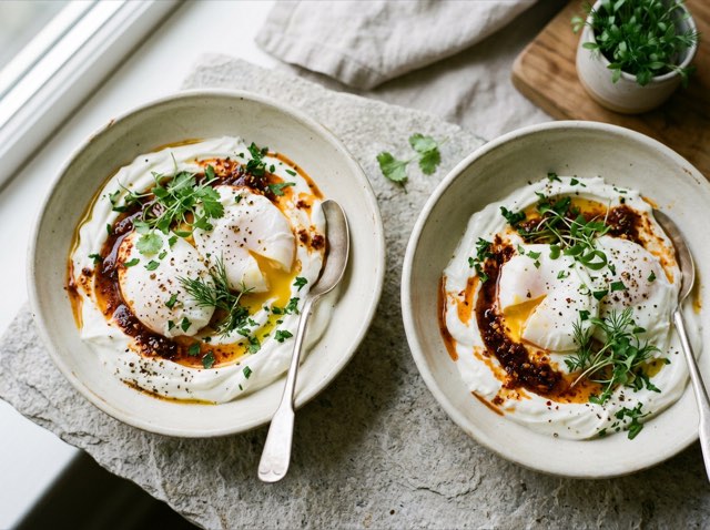 Two shallow bowls of garlicky yogurt topped with soft-poached eggs, vibrant red paprika butter, and fresh microgreens.