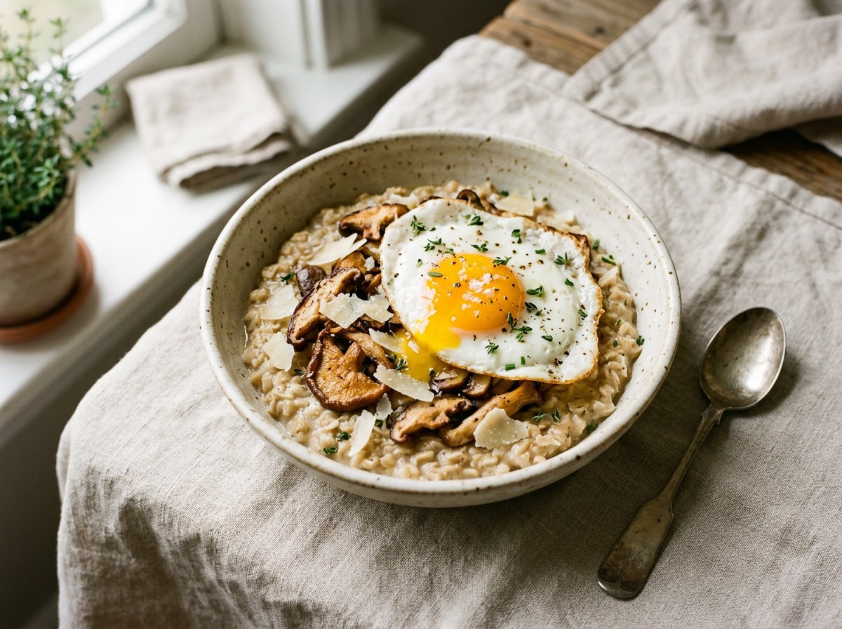 Bowl of savory oatmeal topped with golden sautéed mushrooms, shredded parmesan, and a sunny fried egg with a runny yolk.