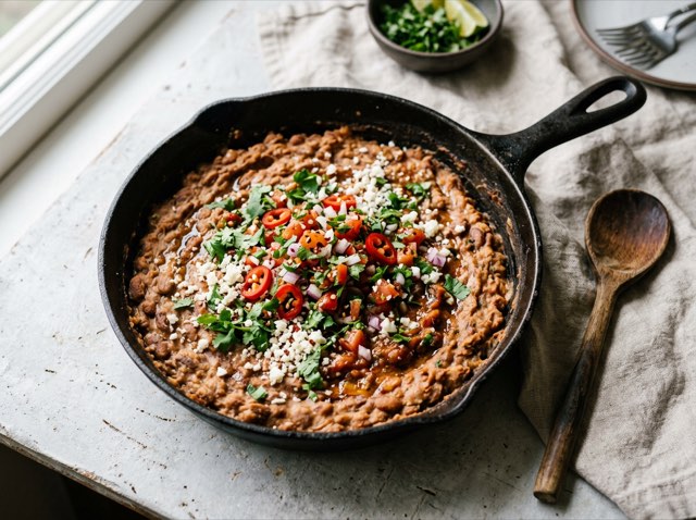 Creamy skillet refried pinto beans in a cast iron pan with a rustic wooden spoon.