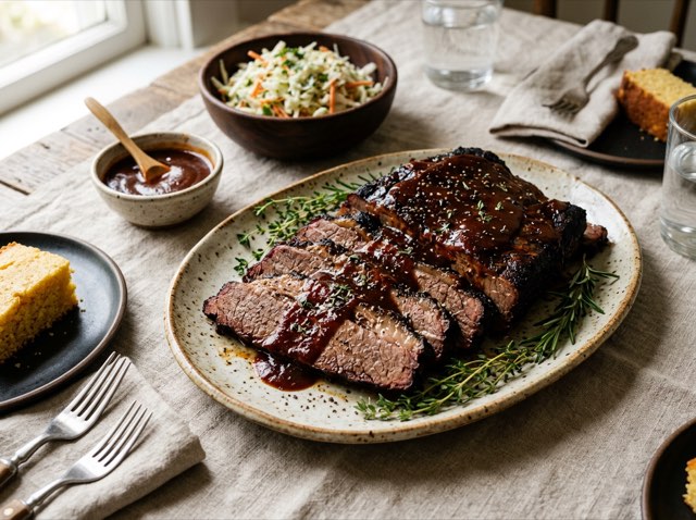 Tender slices of slow-cooked beef brisket coated in rich honey barbecue sauce on an oval serving platter.