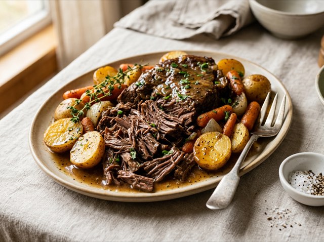 Shredded slow cooker beef pot roast surrounded by tender baby gold potatoes and rich thyme beef jus on a white platter.