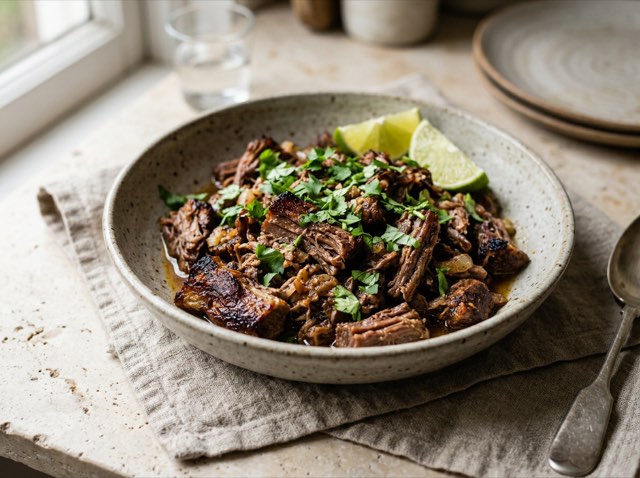 Slow cooker Mexican shredded beef carnitas tossed in rich cooking juices on an off-white platter