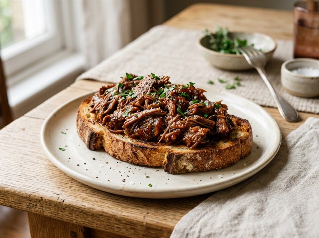 Tender shredded barbecue beef piled high on golden toasted sourdough bread set on a white ceramic plate.
