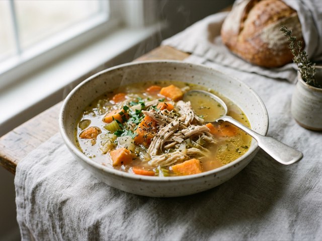 Shredded slow cooker chicken and diced sweet potatoes in a deep ceramic bowl of clear, golden herb-flecked bone broth.