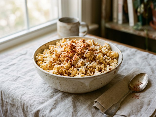 Smoked paprika cheddar stovetop popcorn in a broad ceramic serving bowl with grated cheese and red spice specks.