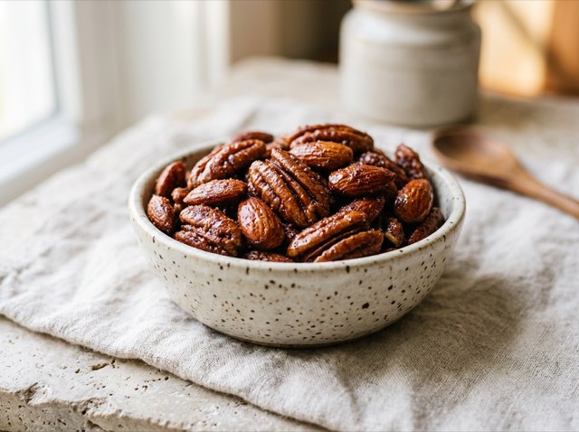 Smoky maple roasted pecans and almonds tossed with spices in a shallow ceramic bowl on a parchment-lined tray.