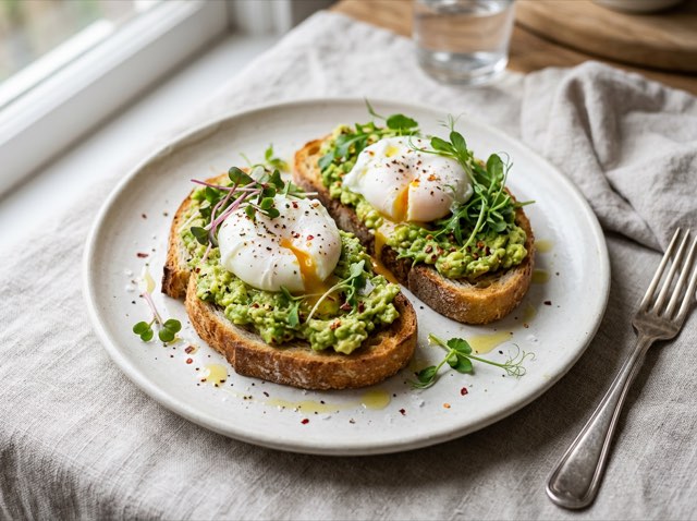 Two slices of toasted sourdough topped with seasoned avocado drizzle, runny poached eggs, and fresh microgreens.