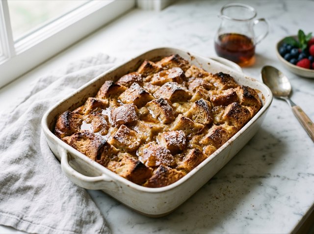 Golden baked sourdough French toast casserole with crisp edges, drizzled with maple syrup in a white baking dish.