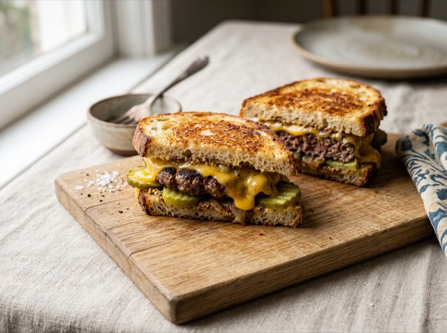 Golden-brown sourdough patty melt cut in half with melted cheddar cheese, beef patty, and sliced pickles visible inside.