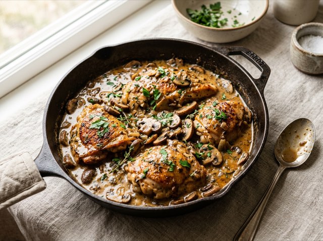 Golden seared chicken cutlets draped in creamy garlic sour cream gravy with sautéed mushrooms in a cast-iron skillet.