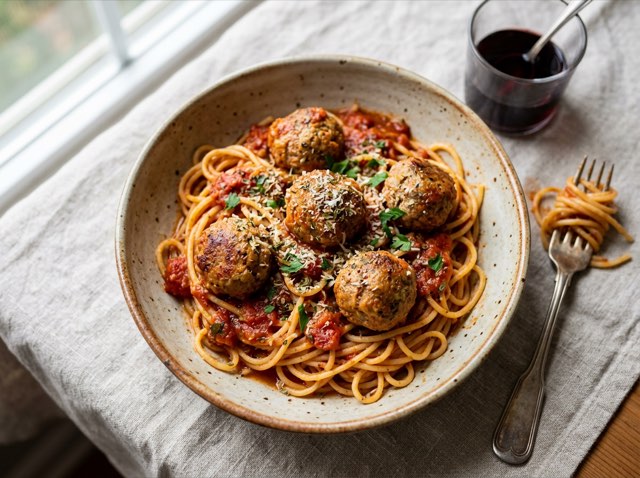 Wide shallow bowl of organic spaghetti tossed in red marinara sauce topped with baked grass-fed beef meatballs.