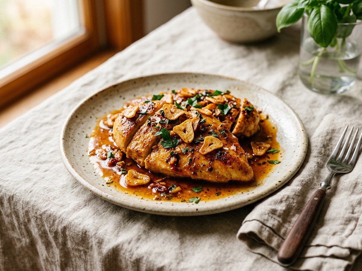 Golden pan-seared chicken breasts bathed in a rich paprika-lemon pan sauce and topped with toasted garlic slices.
