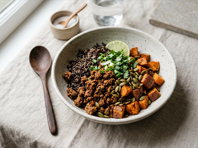 A vibrant grain bowl filled with spiced ground bison, dark wild rice, roasted sweet potato cubes, and pumpkin seeds.