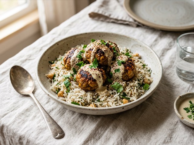 Golden spiced bison meatballs served over fluffy white basmati rice with a drizzle of creamy tahini sauce.