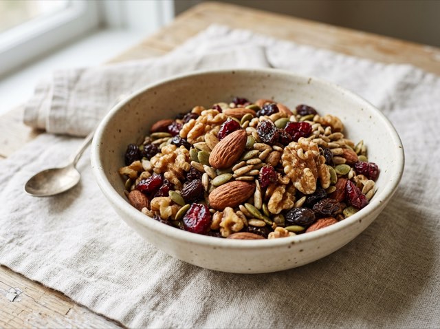 Toasted spiced trail mix with sprouted almonds, walnuts, seeds, raisins, and dried cranberries in a ceramic bowl.