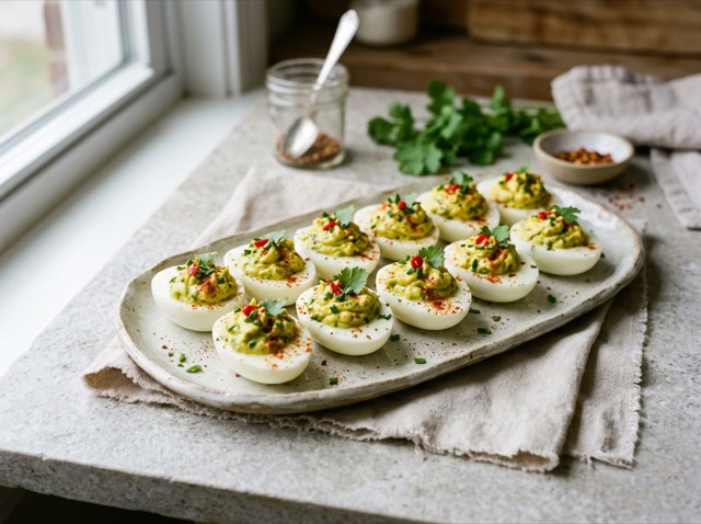 A platter of spicy avocado deviled eggs garnished with red paprika on a light ceramic dish.