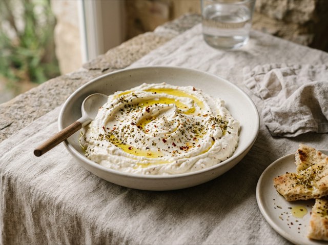 Spicy whipped Greek feta dip swirled in a shallow ceramic bowl, drizzled with olive oil and dusted with oregano.