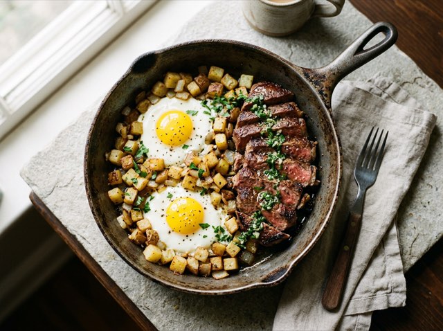 Cast-iron skillet with seared sirloin steak strips, golden diced potatoes, two sunny-side eggs, and thyme ghee.