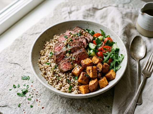 Seared sirloin steak slices and roasted sweet potato cubes over brown rice drizzled with garlic olive oil in a bowl.