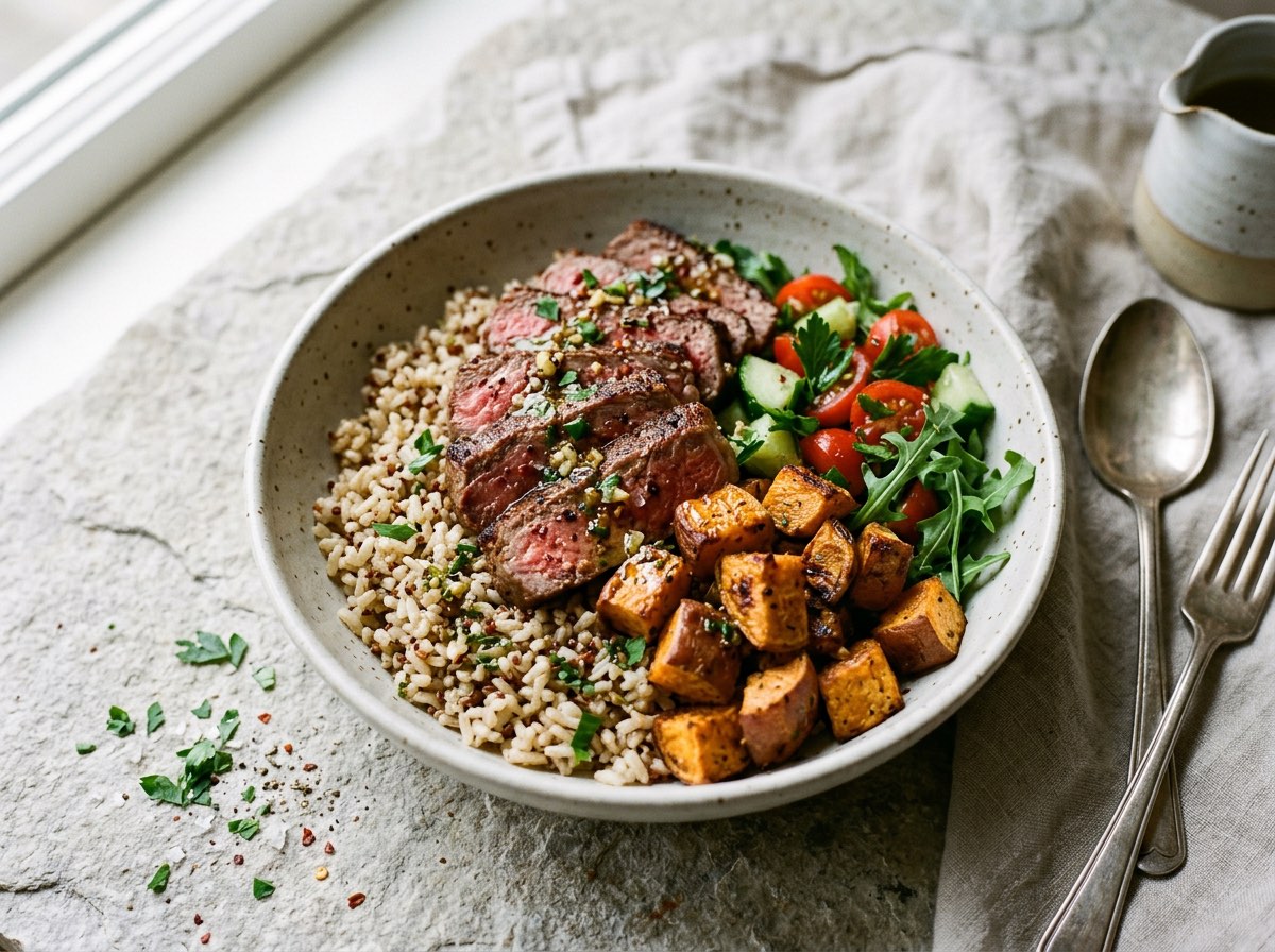Seared sirloin steak slices and roasted sweet potato cubes over brown rice drizzled with garlic olive oil in a bowl.
