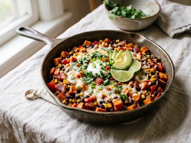 Cast-iron skillet with diced sweet potatoes, black beans, red salsa, and melted white cheddar cheese.