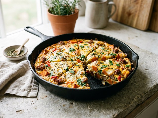 Golden-brown baked frittata wedge studded with Italian sausage and sweet potato cubes in a cast-iron skillet.