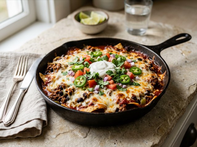 Cast-iron skillet of spiced beef and black beans baked in red enchilada sauce under a layer of melted bubbling cheddar.