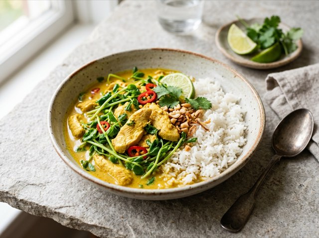 Bowls of golden Thai coconut chicken curry over white jasmine rice on a light tabletop.