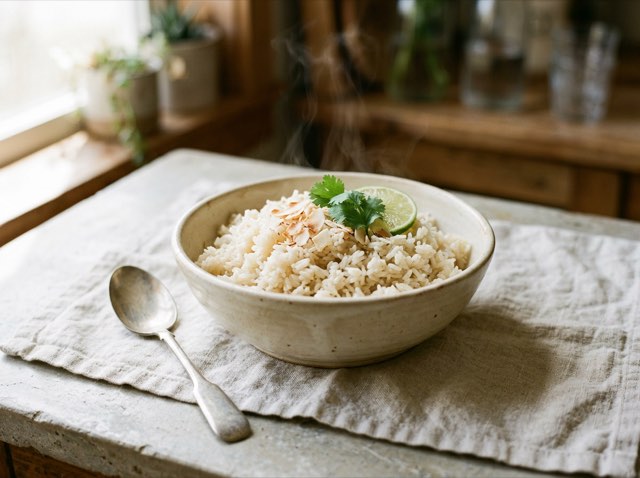 Fluffy coconut jasmine rice served in a shallow ceramic bowl, lightly steaming.