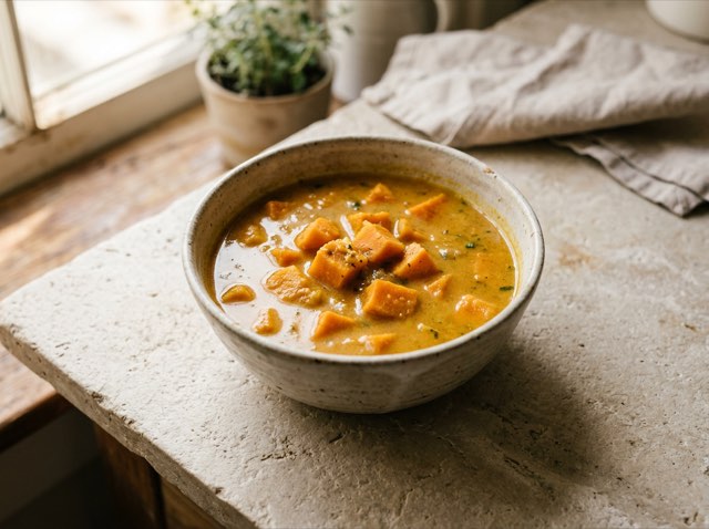 Bowls of creamy golden Thai coconut sweet potato curry soup with tender potato cubes in a rich broth.