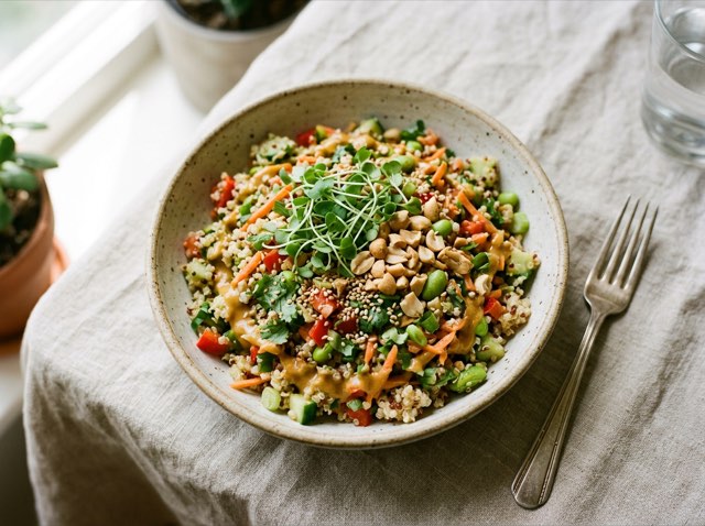 Thai peanut quinoa salad tossed with tender microgreens and chopped crunchy peanuts in a ceramic bowl.