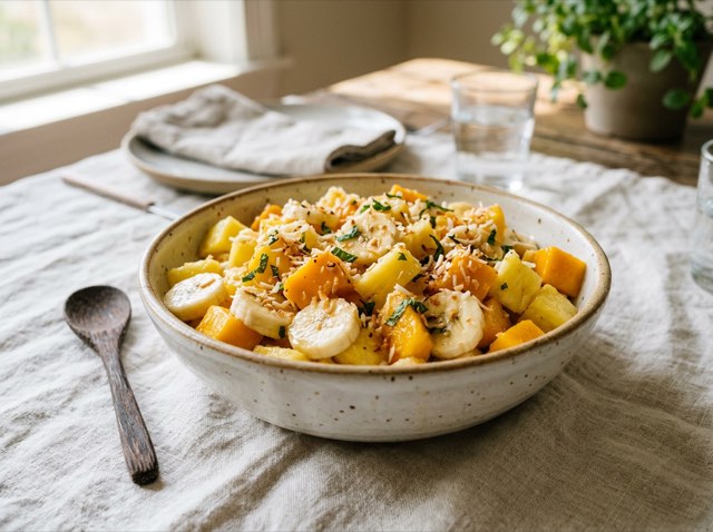 Tropical fruit salad with pineapple chunks, diced mango, and bananas in a bright lemon-ginger dressing.
