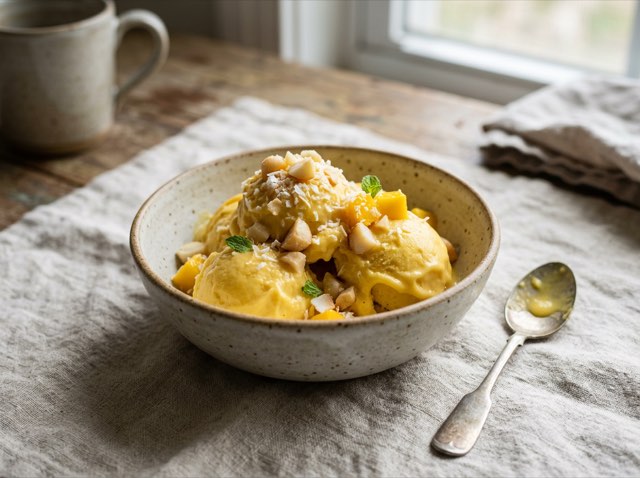 Golden swirls of mango coconut nice cream scooped into a ceramic bowl set on a sunlit table.