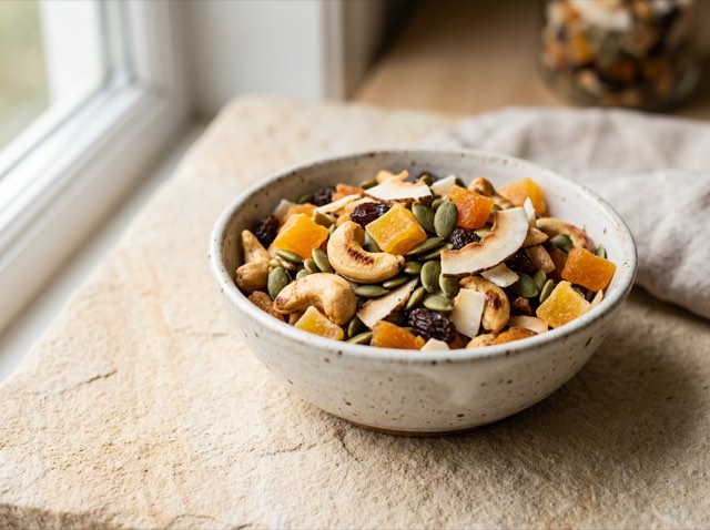 Golden spiced cashews, pumpkin seeds, vibrant dried mango cubes, and diced apricots tossed in a small ceramic bowl.