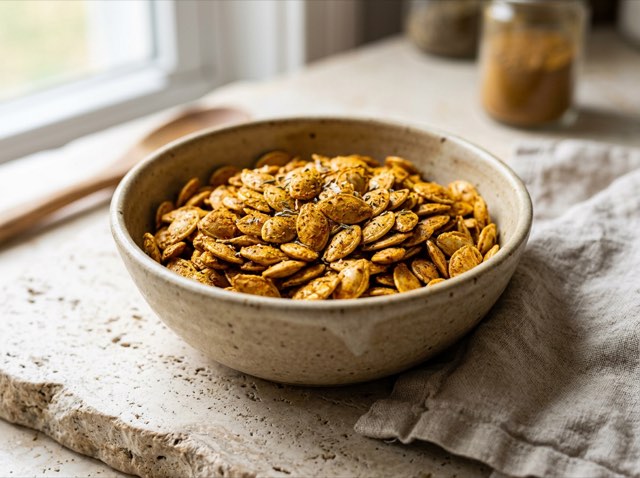 Golden turmeric and curry roasted pumpkin seeds served in a small ceramic bowl on a neutral countertop.
