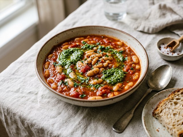 Warm Tuscan cannellini beans in a rustic garlic tomato sauce swirled with fragrant green basil in a low ceramic bowl.