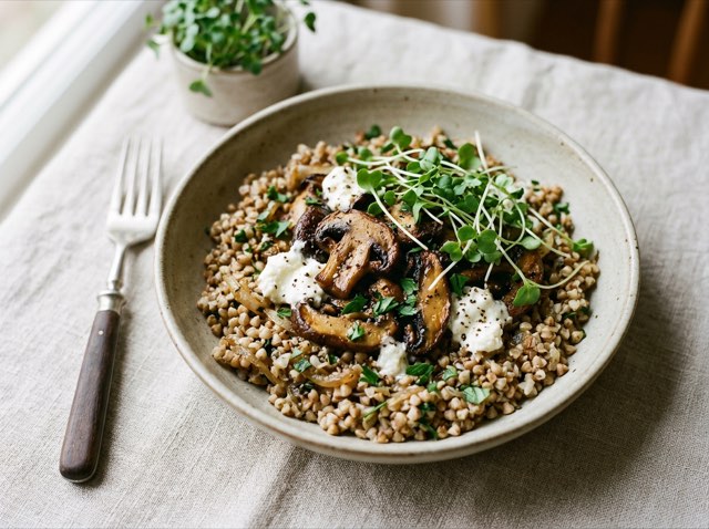 Warm toasted buckwheat bowl topped with browned garlic mushrooms, crumbled goat cheese, and fresh microgreens.