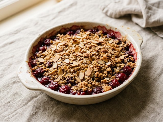 Warm cherry almond crumble with golden oat clusters and bubbly ruby fruit in a white ceramic baking dish.