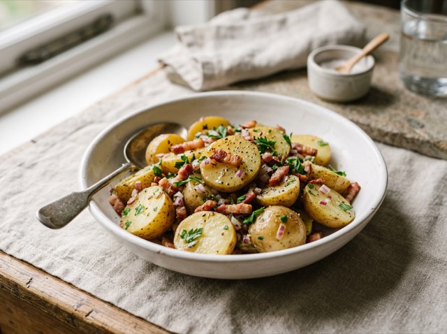 Warm sliced German potato salad dressed in a glossy Dijon and cider vinaigrette in a shallow white ceramic bowl.