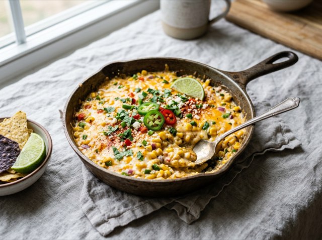 Warm skillet Mexican corn dip with melted cheddar, sour cream, and diced jalapeno, dusted with smoked paprika.
