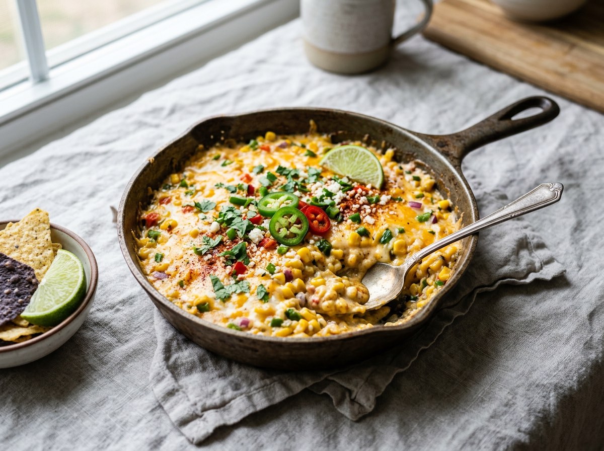 Warm skillet Mexican corn dip with melted cheddar, sour cream, and diced jalapeno, dusted with smoked paprika.
