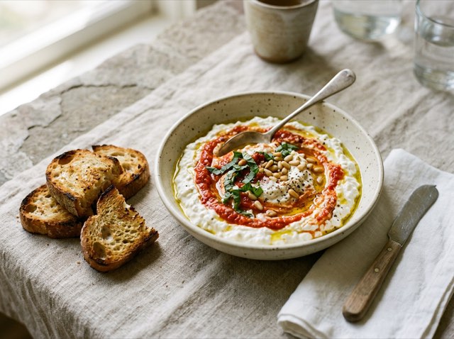Silky whipped cottage cheese swirled with red cherry tomato sauce in a shallow bowl beside golden sourdough toast.