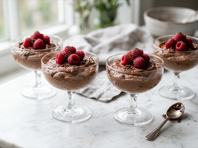 Four small glass cups filled with rich dark chocolate mousse topped with raspberries on a marble table.