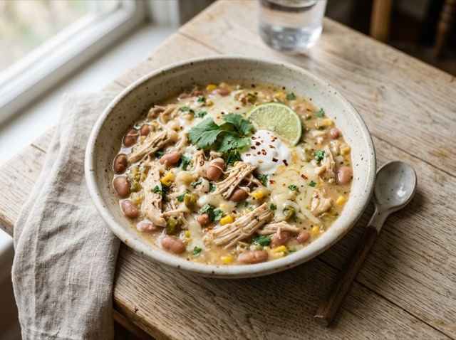 A bowl of creamy white chicken chili topped with melted shredded cheddar and warm spices.