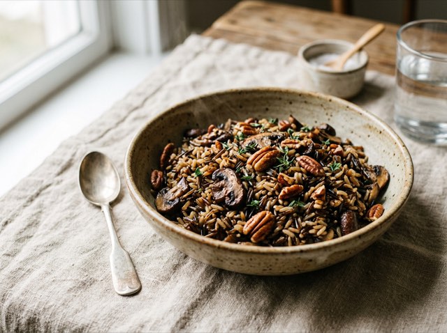 Wild rice and mushroom pilaf tossed with golden pecans and thyme in a shallow ceramic serving dish.