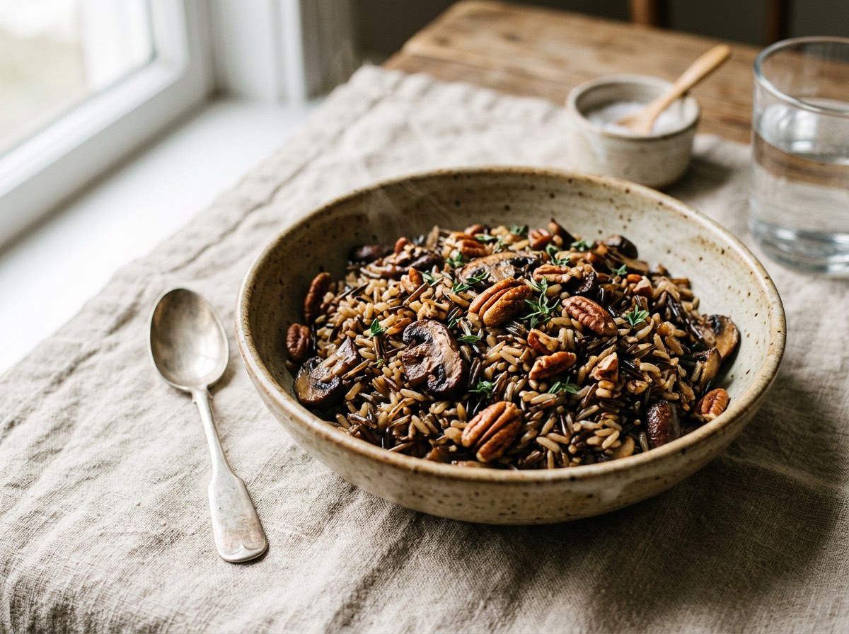 Wild rice and mushroom pilaf tossed with golden pecans and thyme in a shallow ceramic serving dish.